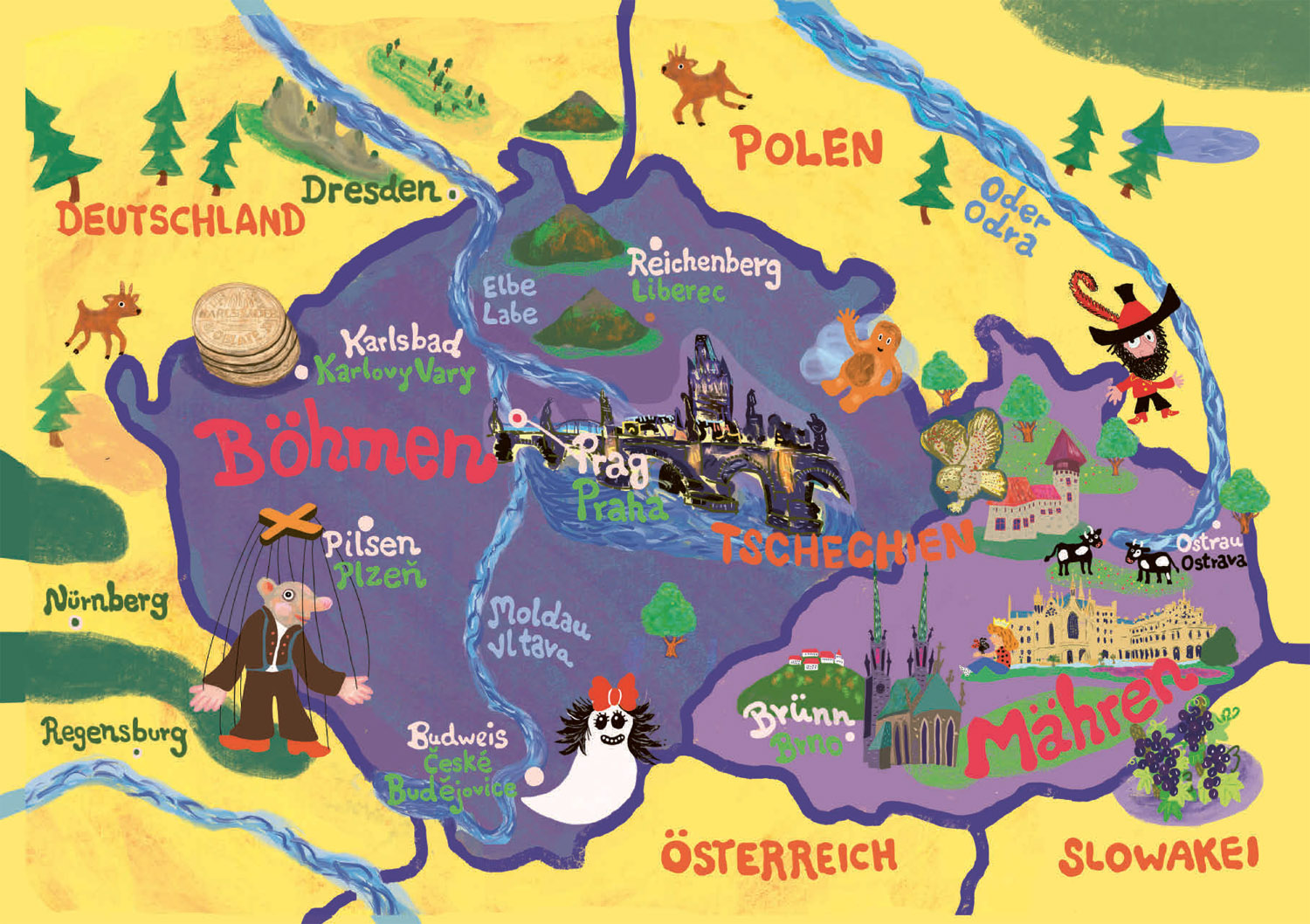 Mitten in Europa. Karten für Kinder: Karte von Böhmen und Mähren